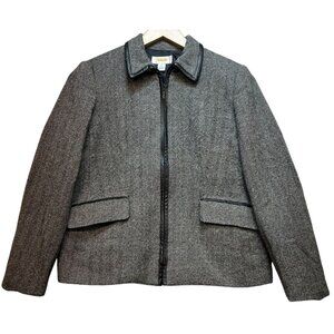 Talbots Womens Wool Zip Front Blazer Jacket Long Sleeve Size 6P Gray Herringbone